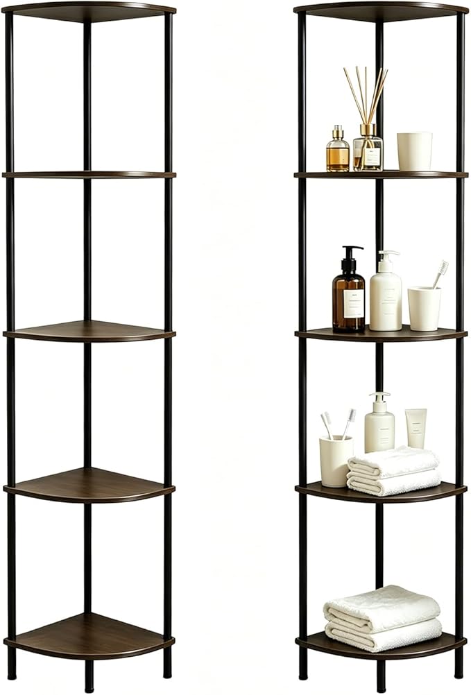 Corner Shelf Stand 5 Tier, Tall Slim Corner Bookshelf, Small Storage Display Shelving Unit for Home Office, Bathroom, Bedroom, Easy Assembly with Anti-Tip Design, Rustic Brown