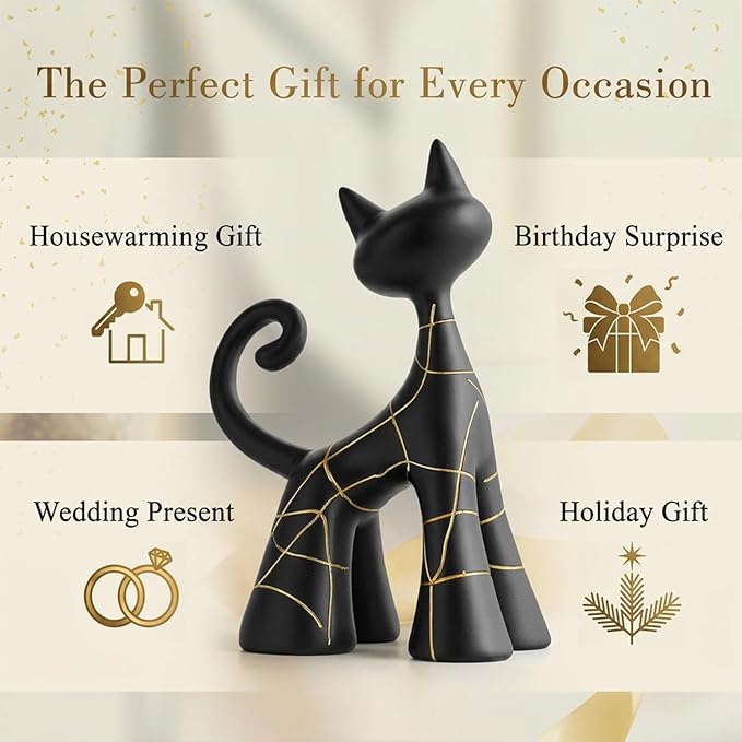 Octdays Modern Cat Statue Decor, Matte Black Abstract Cat Figurine with Hand-Painted Lines, Unique Resin Sculpture for Living Room, Bookshelf, Office, Minimalist Home Decor Gift for Cat Lovers