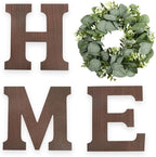 Wooden Home Sign Wall Hanging Decor Letters for Wall Art with Artificial Eucalyptus Wreath Rustic Decor Farmhouse for Living Room Kitchen Point Housewarming Gift(Brown)
