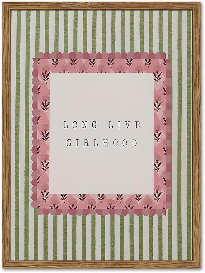 Long Live Girlhood Wall Art Vintage Girl Nursery Wall Decor Picture, Pink and Green Striped Baby Girls Poster Canvas Print Painting Artwork for Living Room Bedroom 16x24 inch Wood Framed