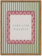 Long Live Girlhood Wall Art Vintage Girl Nursery Wall Decor Picture, Pink and Green Striped Baby Girls Poster Canvas Print Painting Artwork for Living Room Bedroom 16x24 inch Wood Framed