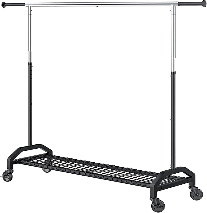 Heavy Duty Clothes Rack for Hanging Clothes Extendable Rolling Clothing Rack for Hanging Clothes 350lbs Chrome 51 to 71" W x 16.53" D x 65" to 71" H 3" Industrial Wheels