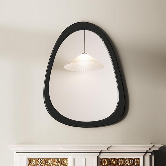 28"x 22" Irregular Wall Mirror, Black Frame Wood Asymmetrical Decorative Wall Mirror for Living Room Bedroom Entryway Bathroom Home Decor