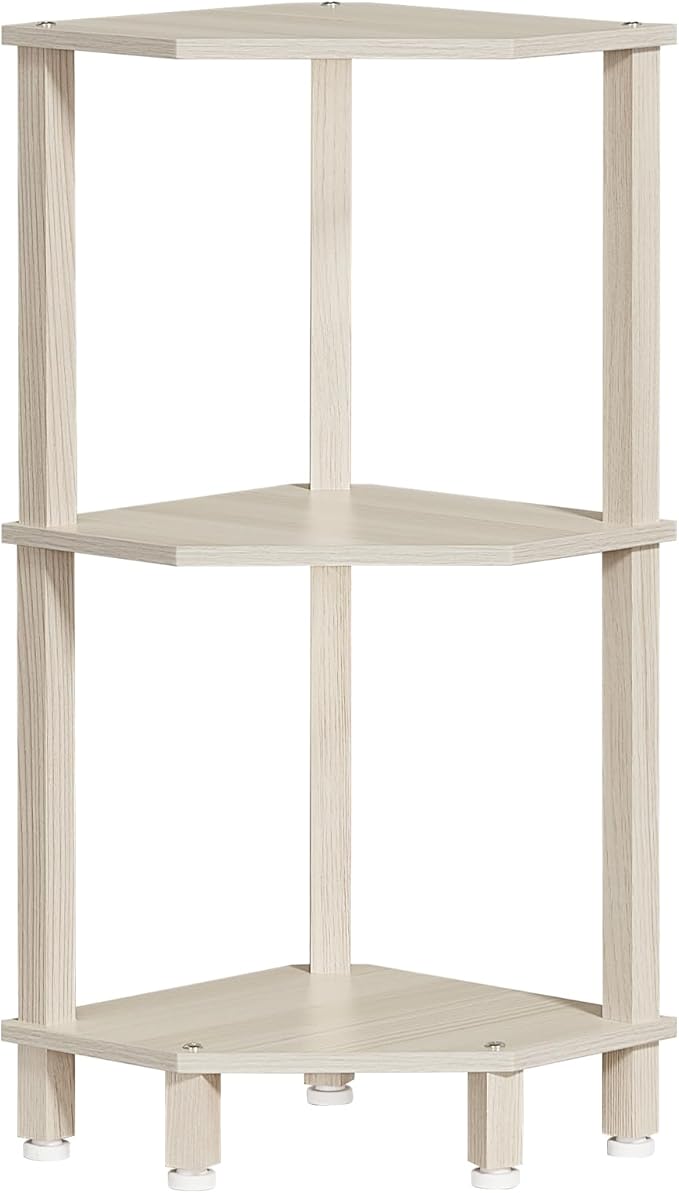 YUFAM 3-Tier Corner Shelf with Sturdy 5-Leg Base, Wooden Corner Bookshelf for Small Spaces, Small Corner Table for Living Room, Bedroom, Office, Grey White