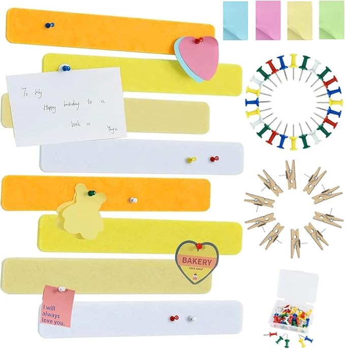 Vuzvuv 8 pcs Bulletin Board Bar Strips with 50 Pushpins，Self Adhesive Cork Board for Wall，Felt Pin Board for School，Office Decor(Yellow White)