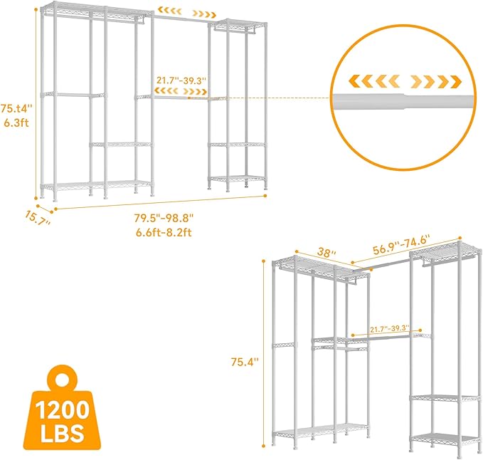 H7 Pro Heavy Duty Clothes Rack Large Garment Rack for Hanging Clothes, Freestanding Wardrobe Closet with Expandable Hanger Rods, Closet Organizer Storage, (79.1"-96.9") Lx15.7 Wx75.4 H, White