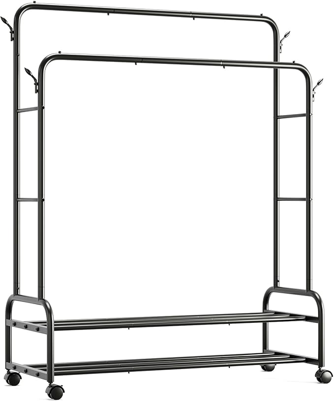 TigerParty Double Rods Clothes Rack for Hanging Clothes, Rolling Clothing Rack with Wheels, Freestanding Garment Racks with 2 Shelves for Bedroom Laundry Living Room