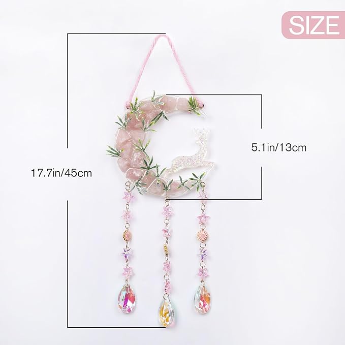 Fairy Pink Forest Deer Crystals Dream Catchers Christmas Gemstone Sun Catcher with Star&Flowers Ornament Handmade Dreamcatcher Wall Decor for Adults Boys Girls Bedroom Wedding Garden Bless Gift