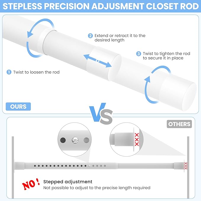 2 Pack Closet Rods for Hanging Clothes, 17 to 39 Inch Heavy Duty Stepless Adjustable Closet Hanging Rod, 1.3 Inch Diameter Metal Closet Rod for Wardrobes Laundry Bedroom RV, White