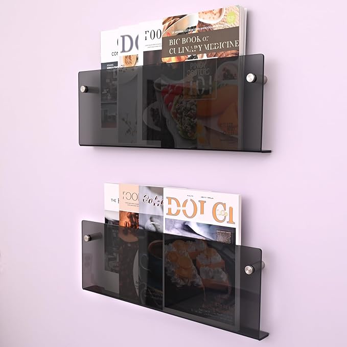 2 Pcs Acrylic Magazine Rack, 17" Black Record Holder, Hanging Bookshelf Literature Storage Rack for Waiting Room, Office, Home Display