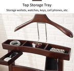 Chair Valet With Drawer Wooden Suit Valet Stand With Contour Hanger Trouser Bar And Top Storage Tray Freestanding Clothes Rack For Men And Women Clothing Organizer For Office Hotel(Dark Brown A)