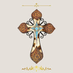 AMAJY Rustic Western Style Cowhide Faux Tooled Leather Wall Cross with Turqoise Center Piece and Floral Embossed Design Spiritual Wall art Southwest Decor
