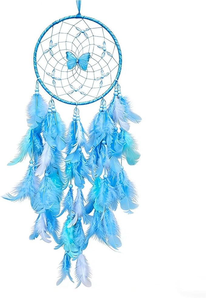 Handmade Feather Dream Catchers, Dream Catchers for Girls with Butterfly, Art Room Decoration for Kids Bedroom, Home Decoration Wedding Party Blessing Gift (Blue)