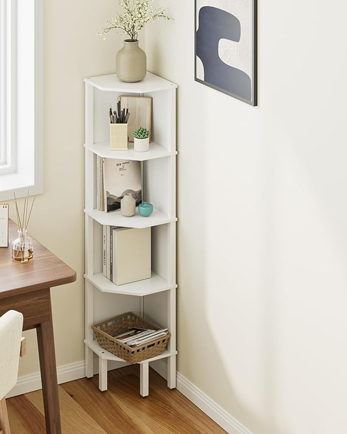 Corner Shelf, 5 Tier Corner Bookshelf, Display Corner Shelf Stand with Storage Rack, Wall Corner Bookshelf for Living Room, Bedroom, Office, White
