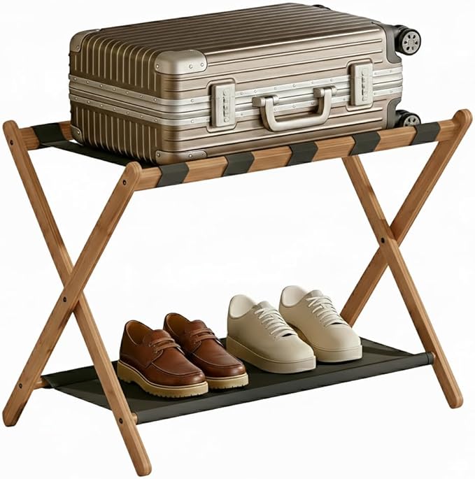 Bamboo Luggage Rack for Guest Room, 26.77" Folding Wide Suitcase Stand with Fabric Storage Shelf, Thickened Luggage Stand Holder for Bedroom Hotel, Luggage Rack for Suitcases (1 Pack - Tea brown)