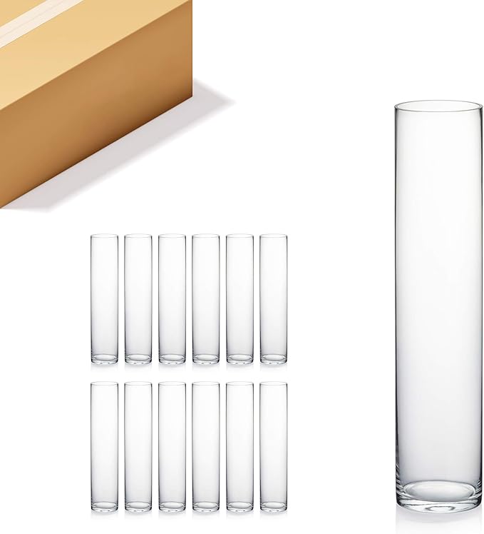 WGVI Quality Thick Weighted Tall Clear Cylinder Glass Vases, 4" W x 18" H, Flower Arrangement Floating Candle Holders Wedding Centerpieces Event Floral Container Display Decor, Bulk Wholesale, 12 Pcs