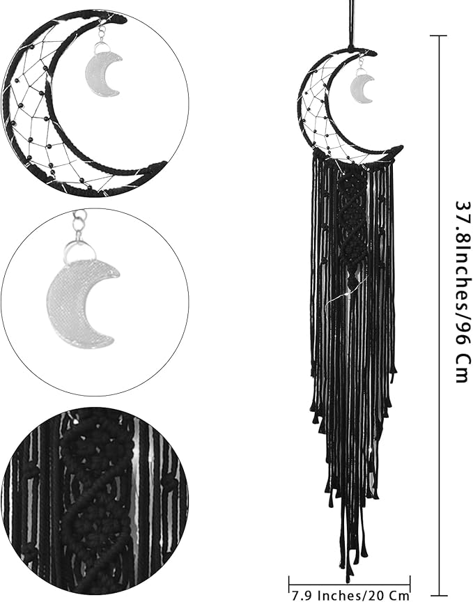 ANROYE Boho Macrame Woven Wall Hanging, Crochet Crescent Moon Star Dream Catcher with Long Tassel- Black Cotton Handmade Bohemian Home Decor Nursery Decoration Art for Kids Bedroom Dorm Room