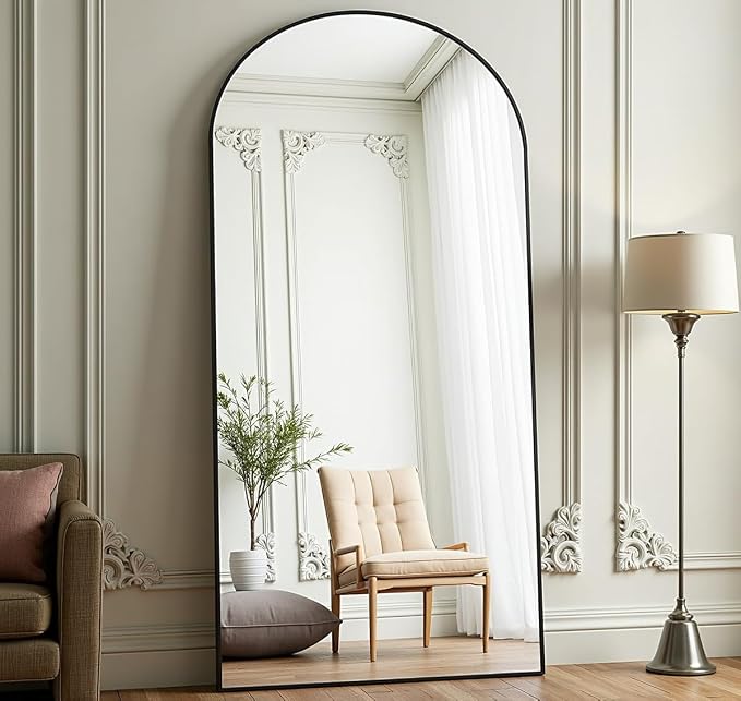Prywot Arched Full Length Mirror, 71"x30" Free Standing Floor Mirror, Modern Full Body Mirrors with Stand, Wall Mirrors with Aluminum Alloy Frame for Bedroom,Living Room, Black