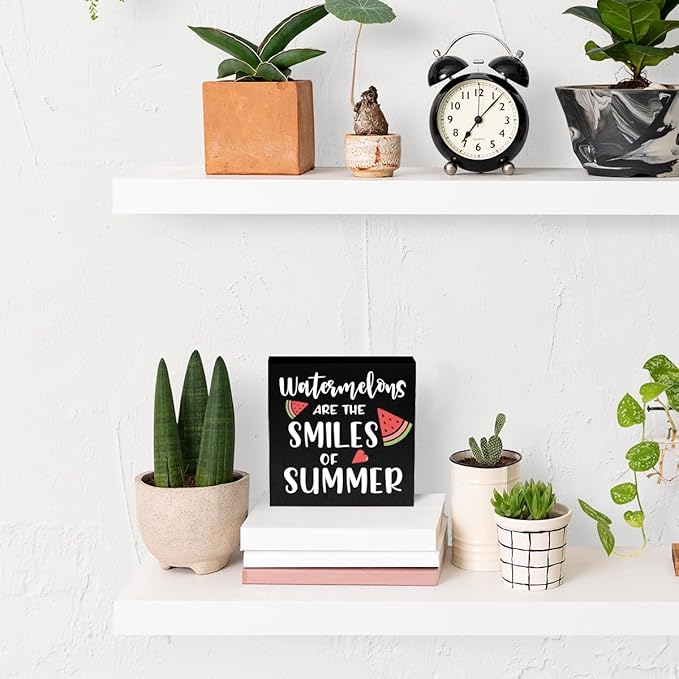 IYEZH Summer Decor Watermelon Wood Box Sign 5 x 5 Inches Desk Decor Rustic Country Wooden Square Sign Decor Watermelon Summer Decorations for Home Beach House Outdoor Shelf Wall Farmhouse Table Shelf