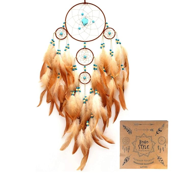 Urdeoms Big Brown Dream Catcher Wall Decor for Girls Women Boho Dream Catchers for Bedroom Adult Boys Teen Room Decor with Turquoise Hanging Ornament and Feathers Blessing Gifts(NO.31)