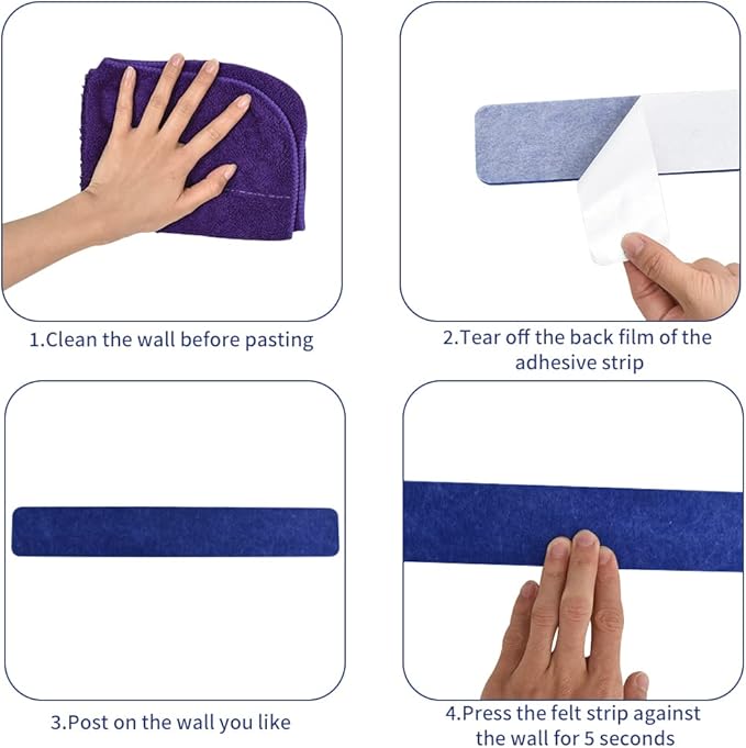 Vuzvuv 8 pcs Bulletin Board Bar Strips with 50 Pushpins & 10 Wooden Clip pins，Self Adhesive Cork Board for Wall，Felt Pin Board for School，Office Decor(Blue)