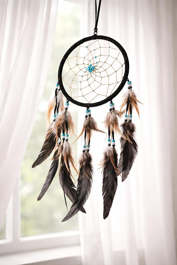 OMA Black Dream Catcher – Large Black Suede Dream Catcher with Turquoise Stones and Feathers, Traditional Dreamcatcher for Bedroom, Living Room, Dorms & Gift, Size - 28” x 9”