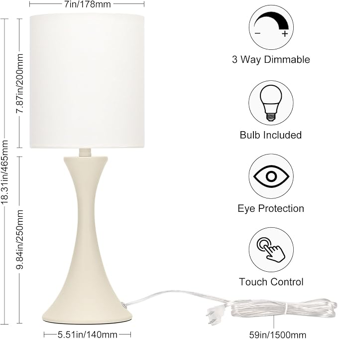 Seaside village Dimmable Bedside Lamp, 3 Way Touch Control Table Lamp, Modern Nightstand Lamp with Beige Shade and Cream Base, Small Desk Lamp for Living Room, Dorm, Home Office, 9W LED Bulb Included