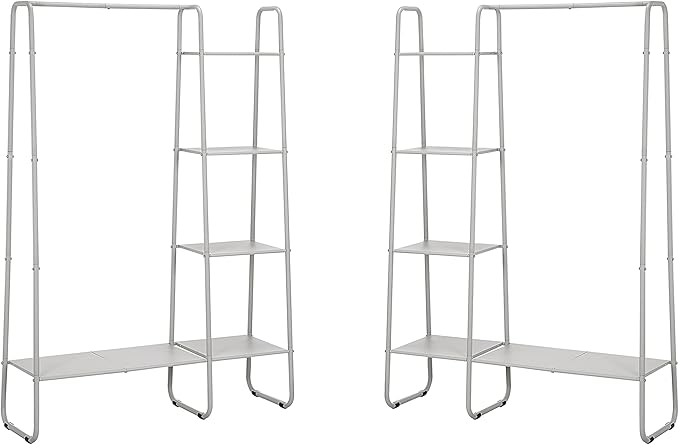 SunnyPoint Open Closet Garment Rack with 4-Tier Shelves & Bottom Storage Shelf, Freestanding Open Wardrobe Clothes Rack Organizer with Hanging Rod for Bedroom Closet. (OFF-WHITE)