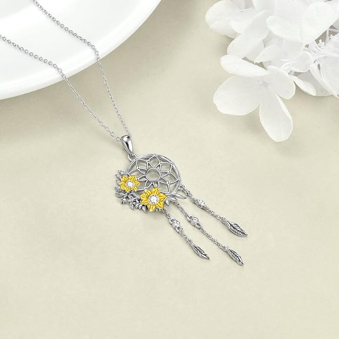Dream Catcher Pendant Necklace 925 Sterling Silver Synthetic Moonstone Crystal Sunflower Rose Flower Evil Eye Dreamcatcher Cremation Jewelry Gifts for Women Wife Mom