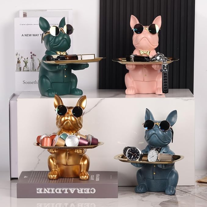 Modern Decor Resin Bulldog Tray Statue Tray Storage Key Holder Candy Jewelry Earrings Tray Suitable for Home Decor Modern Art Dining Table Decor Office Small Object Tray (Green)