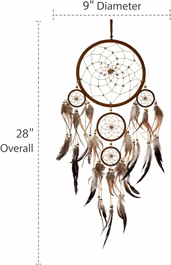 OMA Dream Catcher Wall Hanging with Tiger Eye Stones and Feathers, Brown Suede Traditional Dream Catcher Boho Home Decor Bedroom Decoration Gift Large Size - 28" Long x 9" Diameter