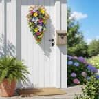 25 Inch Lighted Spring Summer Teardrop Swag with Timer Daisies Wildflower Burlap Bow Farmhouse Floral Decor for Front Door Wall
