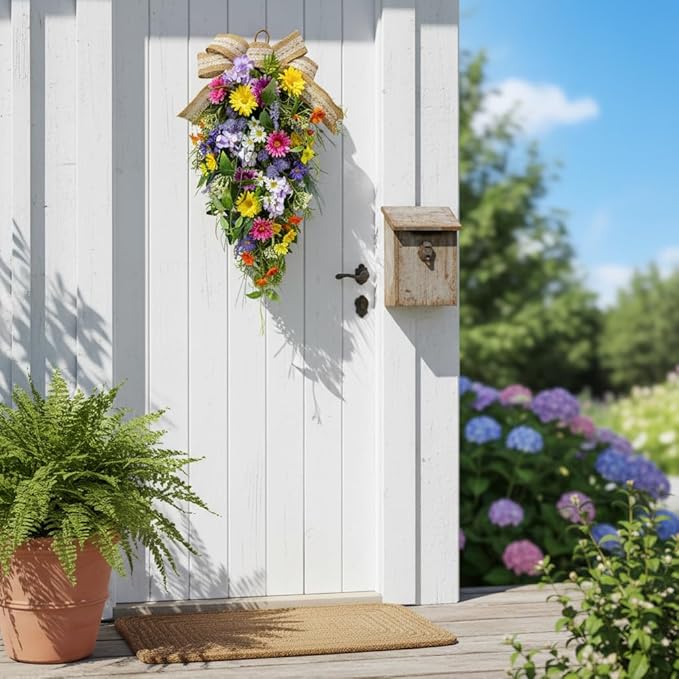 25 Inch Lighted Spring Summer Teardrop Swag with Timer Daisies Wildflower Burlap Bow Farmhouse Floral Decor for Front Door Wall