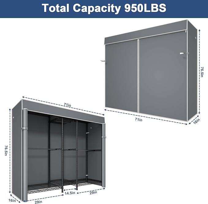 Ulif E12C Pro Heavy Duty Closet Organizer System，Freestanding Clothing Racks for Hanging Clothes，Adjustable Garment Rack 71"W x 16"D x 76.5"H Hold 960lbs，Black Clothing Rack with Grey Dustproof Cover