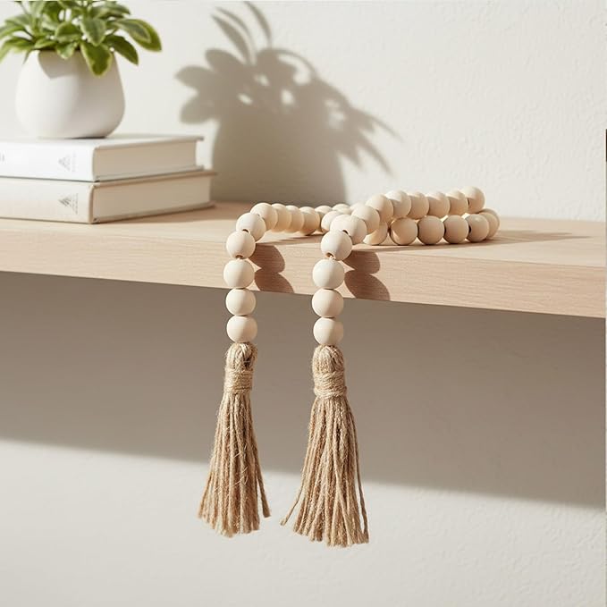 Boho Decor Wood Beads Garland with Tassels Farmhouse Wall Hanging Decorations Natural Wooden Tassel Decorative Room Hanging for Coffee Table Christmas and Prayer(Wood Color, 50inch)