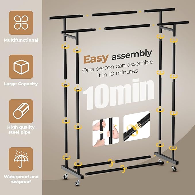 Abiglifty Double Rods Clothes Rack for Hanging Clothes, Clothing Rack with Wheels, Portable Closet Organizer for Laundry, Room (Black)