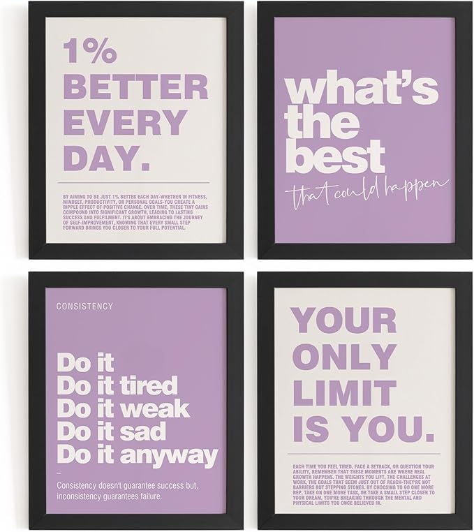DSHFG Motivational Inspirational Office Wall Art Decor Prints Set of 4, Black Motivational Wall Decor Trendy Retro Posters for Office Home Decor, 8x10 Unframed (Purple)