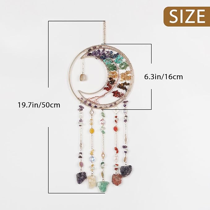 Rainbow Gemstone Dream Catcher 7 Chakras Tree of Life Moon Dream Catchers with Healing Crystal Stones Handmade Suncatcher Dreamcatcher Wall Decor for Adults Living Room,Bedroom,Garden,Bless Gift