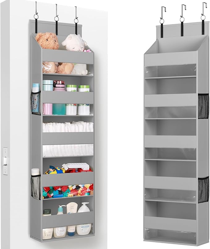 Lifewit 1 Pack Over the Door Organizer, Clear Window Hanging Storage with 4 Side Pockets, Anti Tilt 40 lbs Load Behind Door for Pantry, Nursery, Bathroom, Bedroom, Dorm, 5 Section, Light Gray