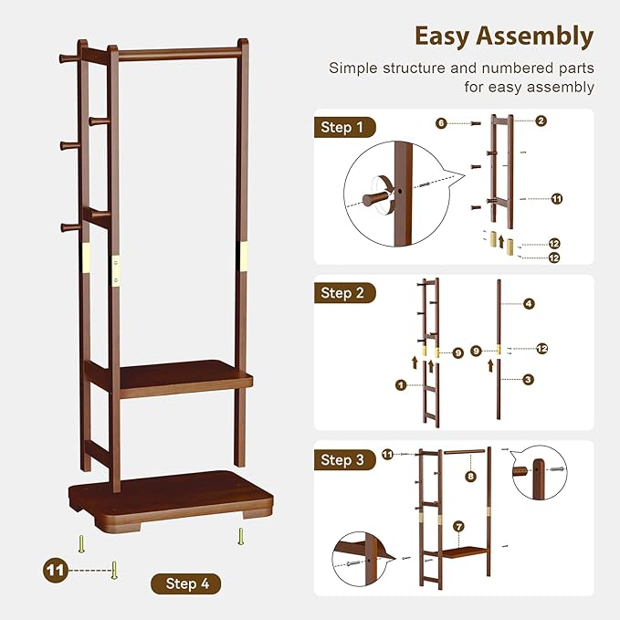Coat Rack Solid Wood Clothes Rack with 2 Shelves & 4 Hooks for Hanging Clothes Garment Wallets Hats, Clothing Rack Coat Rack Freestanding Hall Tree with Storage for Hallway Bedroom Living Room