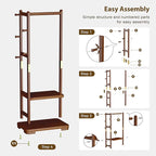 Coat Rack Solid Wood Clothes Rack with 2 Shelves & 4 Hooks for Hanging Clothes Garment Wallets Hats, Clothing Rack Coat Rack Freestanding Hall Tree with Storage for Hallway Bedroom Living Room