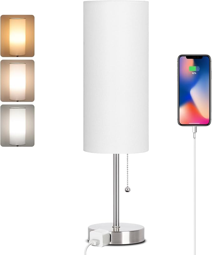 Dott Arts 18" Table Lamp for Bedroom, 3-Color Bedside Lamps with Pull Chain, Bedroom Table Lamps for Nightstand,AC Outlet Small Lamp for Living Room, Bulb Included Nickle
