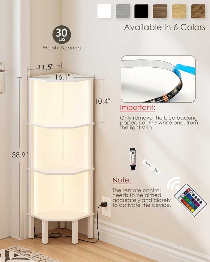 Corner Shelf Stand Corner Bookshelf with Light, 4-Tier Wall DisplayCorner with Storage Rack for Living Room,Bedroom,Office, White