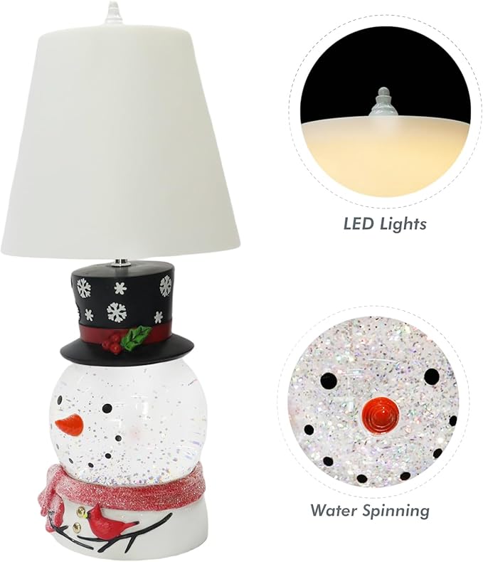 MOMENTS IN TIME Christmas Snowman Table Lamp with Glitter Spinning Water Globe, LED Lighted Holiday Lamp with Fabric Shade, USB or Battery Operated, 17.5 Inch Decorative Home Decor