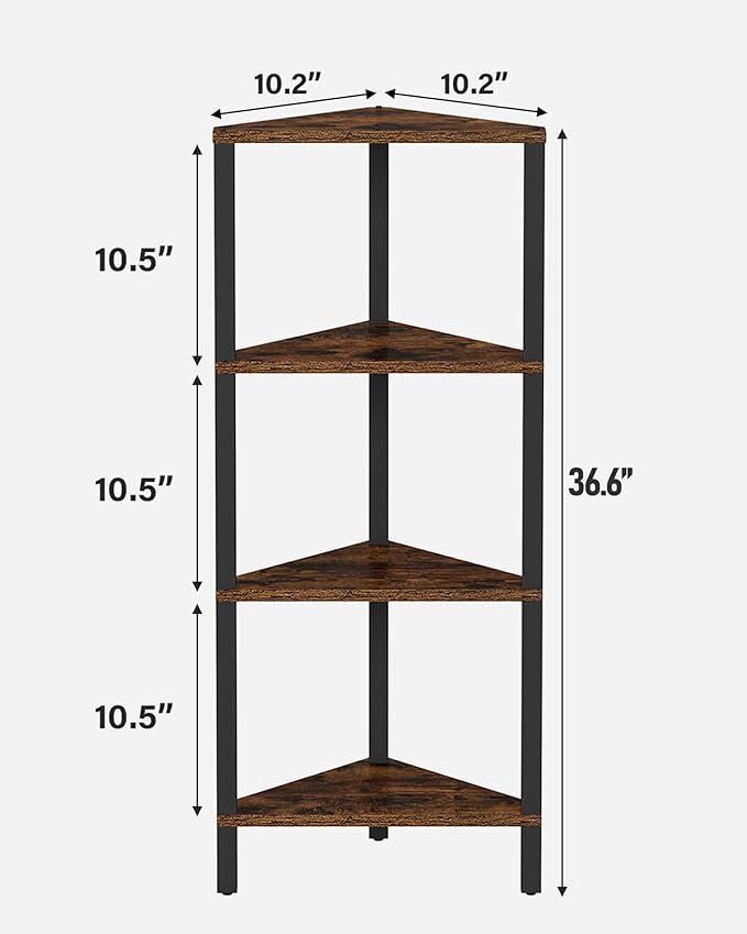 TUTOTAK Corner Shelf, 4-Tier Corner Bookshelf for Small Space, Narrow Display Corner Shelf Stand with Storage Rack, for Living Room, Bedroom, Rustic Brown BS05BB004