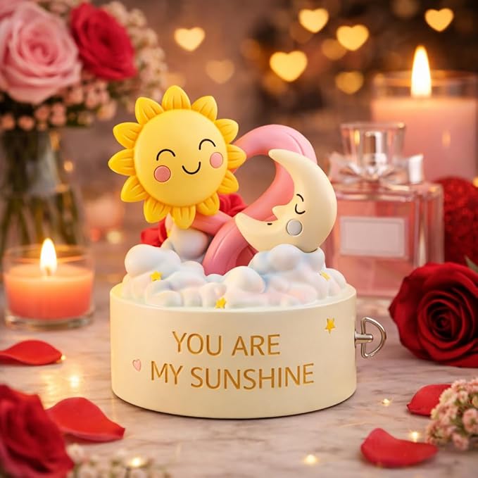You are My Sunshine Musical Figurine, Wind-Up Music Box, Romantic Love Gift with Smiling Sun & Moon, Hand-Painted Pastel Keepsake for Valentine’s Day, Home Decor for Girlfriend, Wife, Anniversary