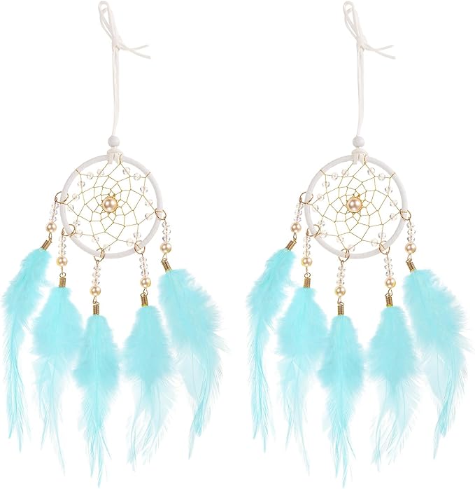 uxcell 2pcs Dream Catchers, Small Handmade Feather Dreamcatcher Supplies Car Charm with Crystal Beads Wall Hanging Decor for Home Car Decoration Ornament Women Friend Gift, Light Blue