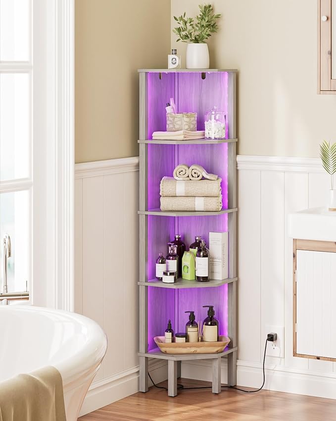 Corner Shelf Stand, 5 Tier Corner Bookshelf,Corner Furniture for Bedroom Display Corner Shelf for Small Space,Wood Shelves with Storage Rack for Living Room,Office,Gray