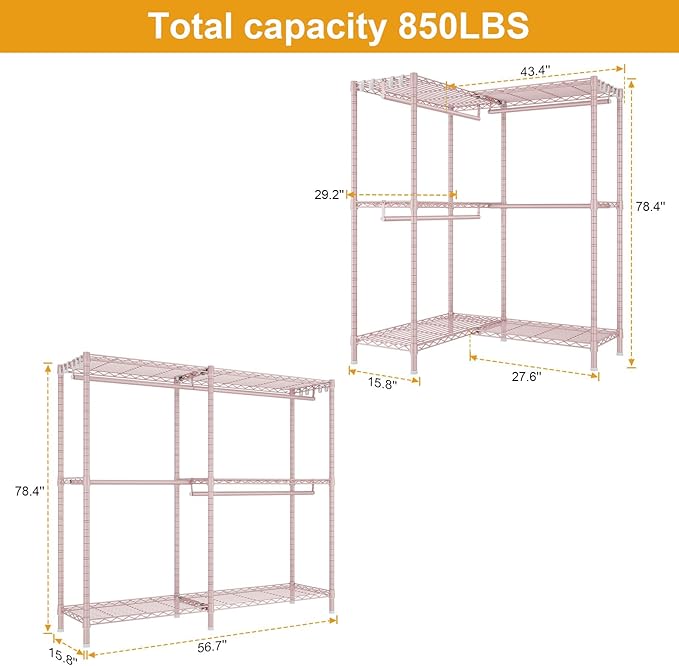 E15 Garment Rack L Shaped Clothes Rack for Corner，Freestanding Clothing Racks for Hanging Clothes，Heavy Duty Closet Organizer with 4 Hanging Rods & 8 S Hooks，43.4" W x 15.8" D x 78.4" H，Pink