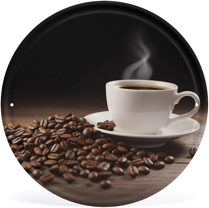 Wall Picture, with Coffee Cup and Coffee Beans Printed Circular Iron Hanging Picture,Wall Art Decor,Home for Bedroom Living Room Bathroom Decor,Iron Painting 11.8X11.8 in